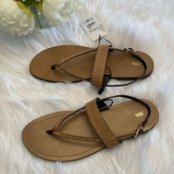 Zara Studded Brown Nude Leather Minimalist Flat Sandals Shoes Size 10 - Picture 9 of 10